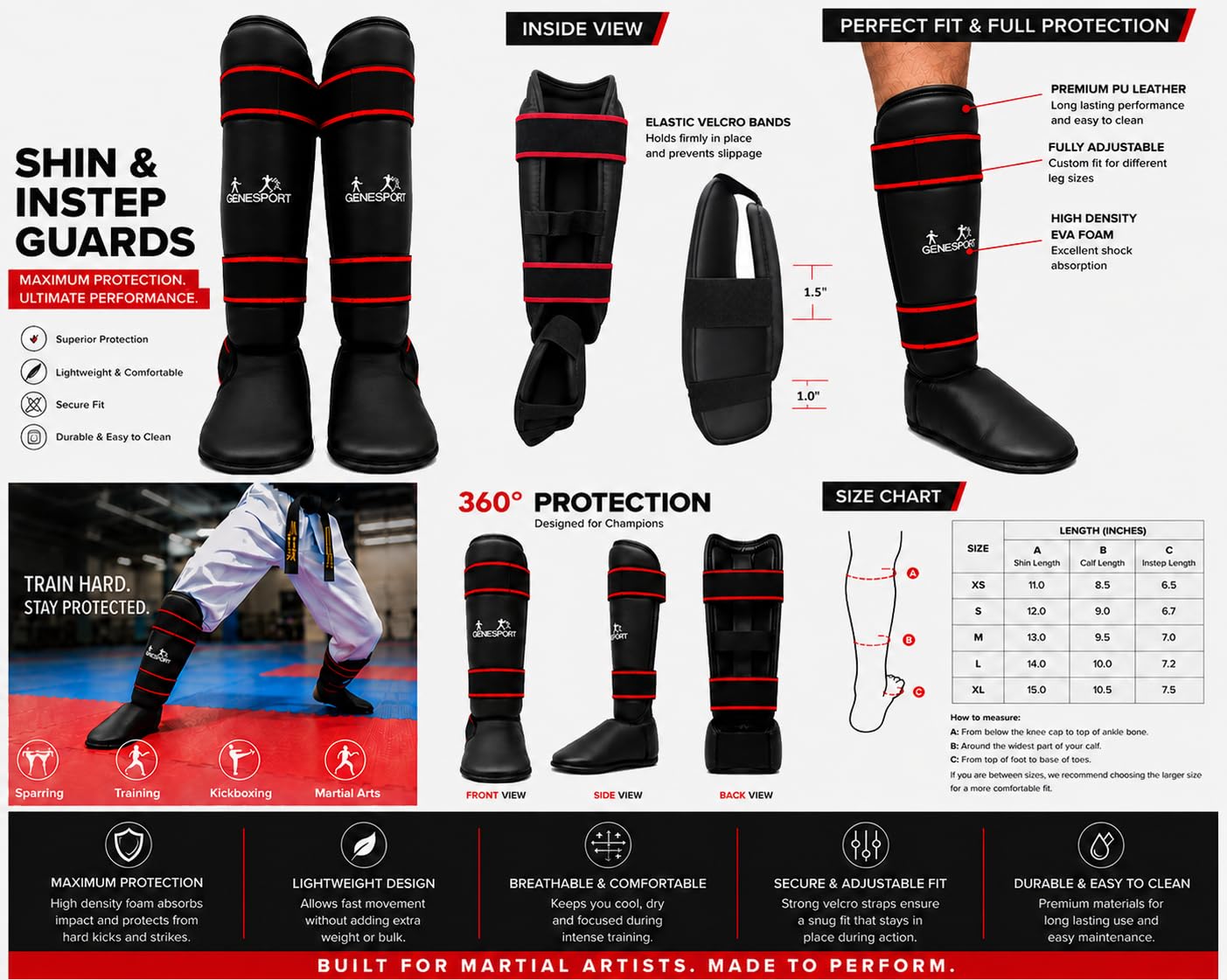 Shin & Instep Guards Vinyl - Lightweight Padded Leg Protection Gear - Pair