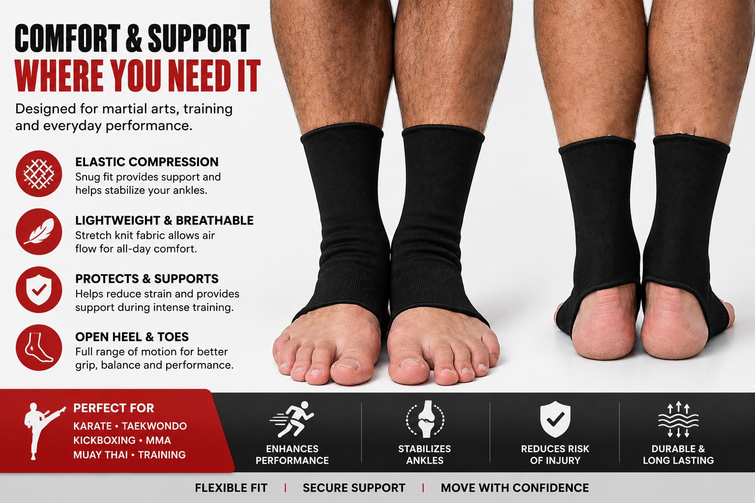 Ankle Support Sleeves – Elastic Compression Ankle Brace, Open Heel & Toe Design - Pair