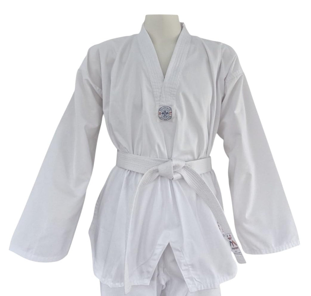 Taekwondo Uniform with Belt – Lightweight Classic Dobok White Collar V-Neck
