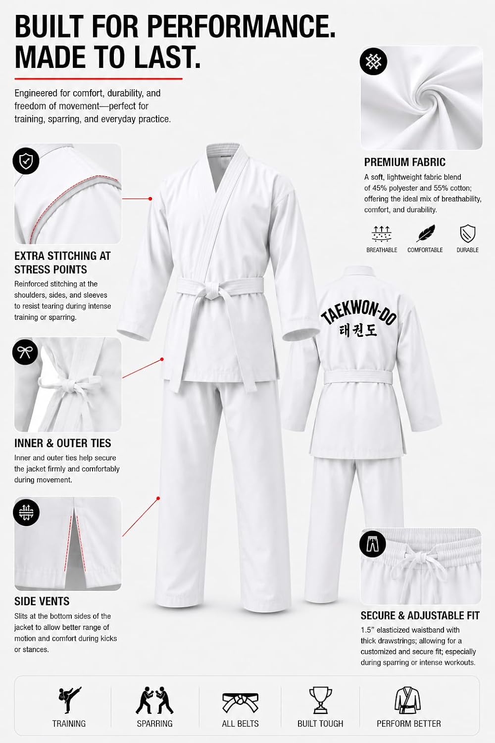 Taekwondo Uniform Lightweight Crossover Jacket Traditional Martial Arts Suit White