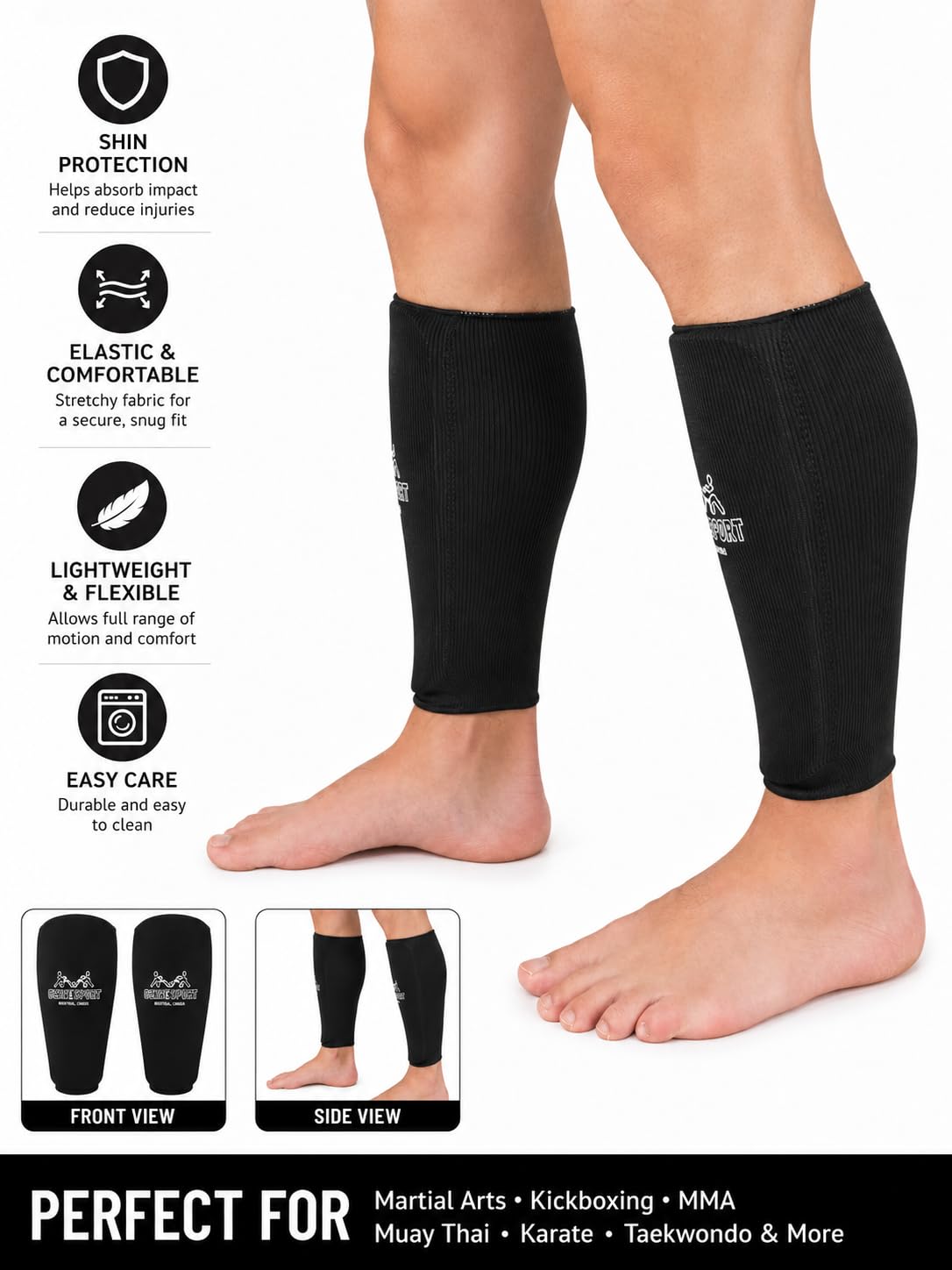 Shin Guards – Elastic Cloth Slip-On Tibia Protectors with High-Density Foam Padding - Pair