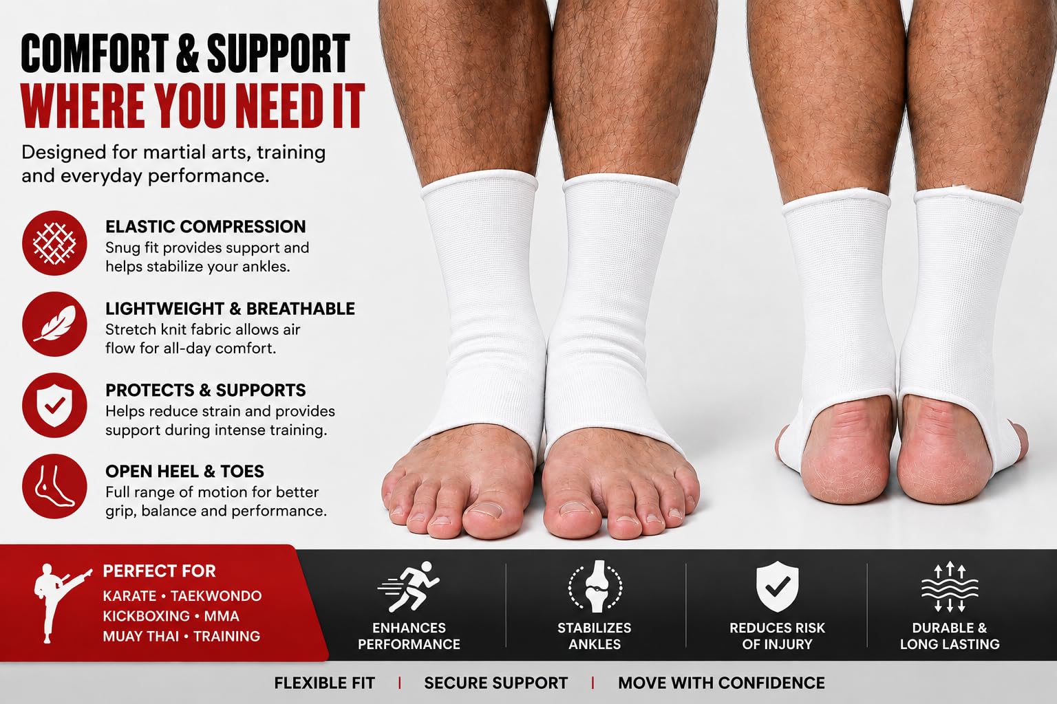 Ankle Support Sleeves – Elastic Compression Ankle Brace, Open Heel & Toe Design - Pair