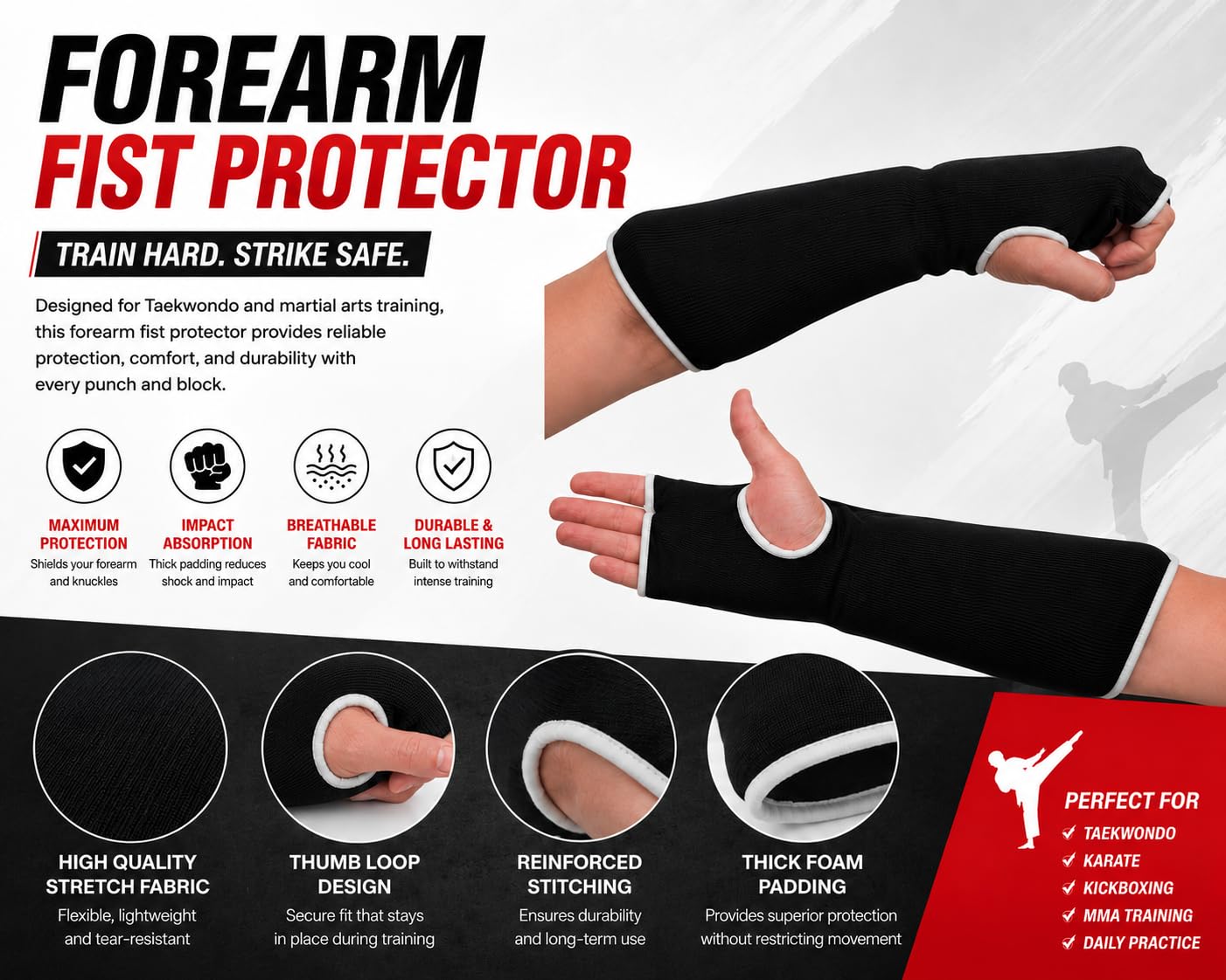 Forearm Fist & Hand Guards – Flat Padded Arm Pads Sleeves Protection  - Pair