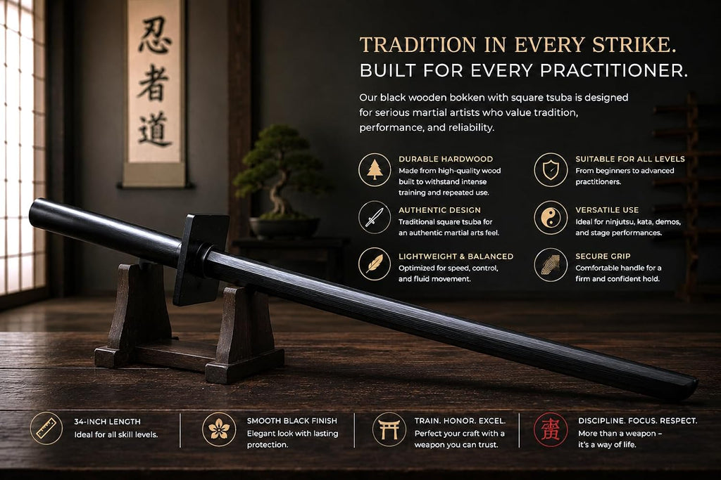 Ninja Wooden Bokken – with Square Tsuba 34" - Black Sword