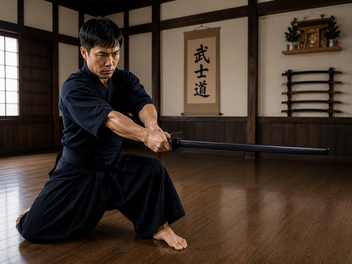 Ninja Wooden Bokken – with Square Tsuba 34" - Black Sword
