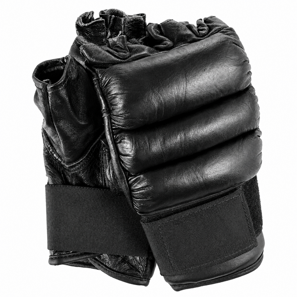 Black Leather Fingerless MMA & Grappling Gloves with Segmented Knuckle Padding - Pair