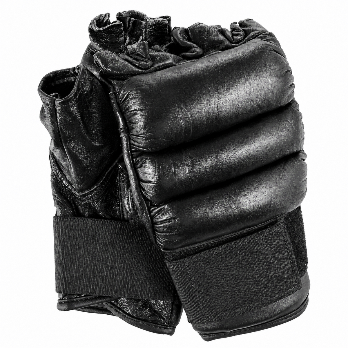 Black Leather Fingerless MMA & Grappling Gloves with Segmented Knuckle Padding - Pair