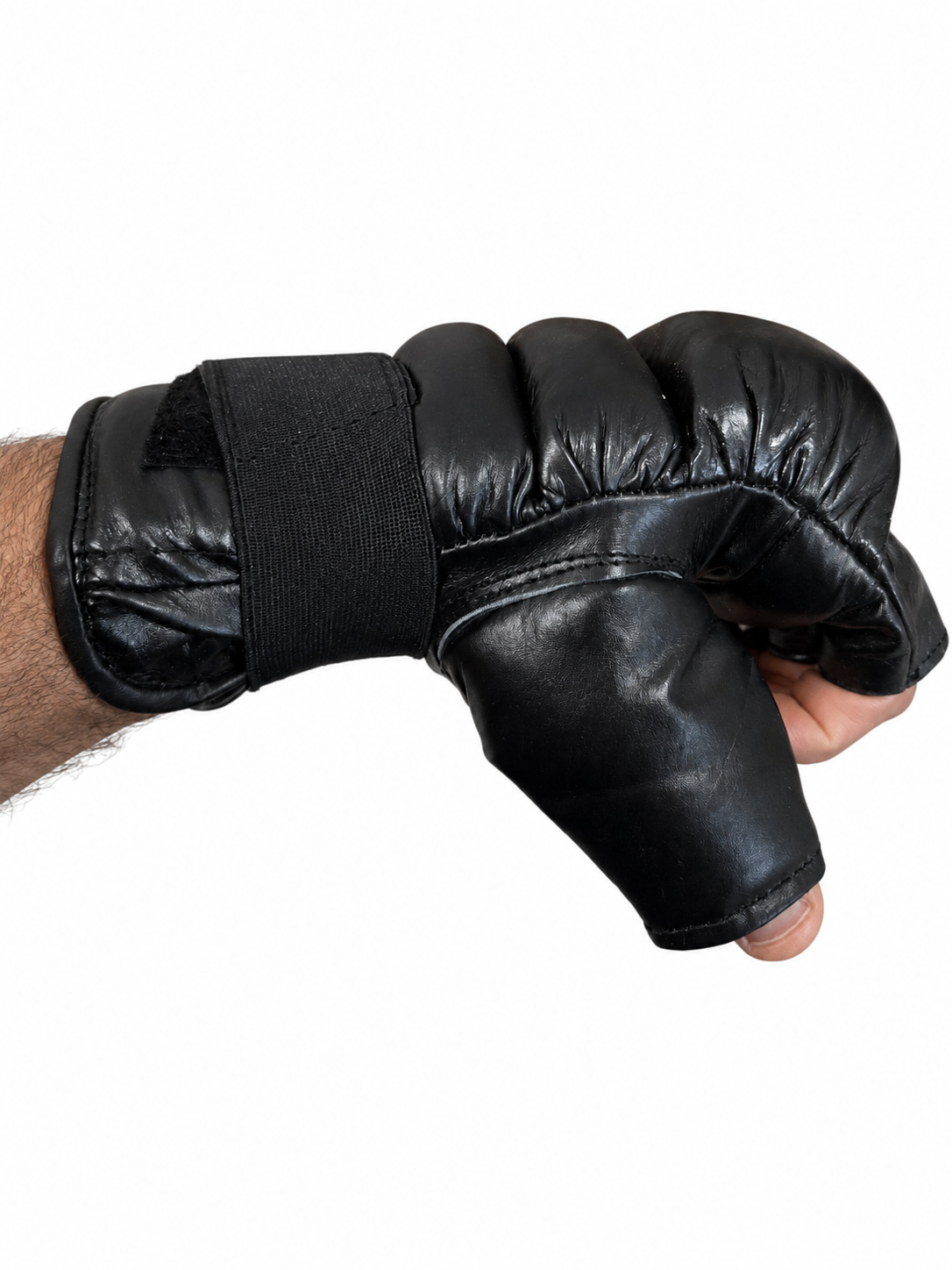 Black Leather Fingerless MMA & Grappling Gloves with Segmented Knuckle Padding - Pair