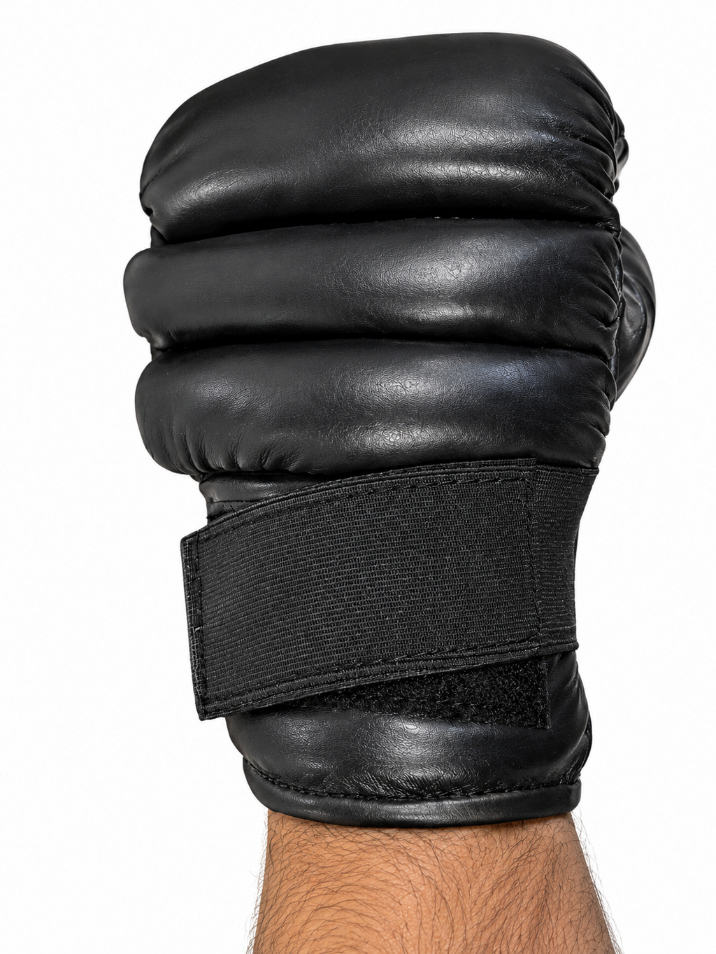 Black Leather Fingerless MMA & Grappling Gloves with Segmented Knuckle Padding - Pair