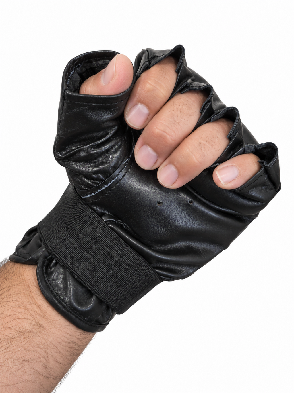 Black Leather Fingerless MMA & Grappling Gloves with Segmented Knuckle Padding - Pair