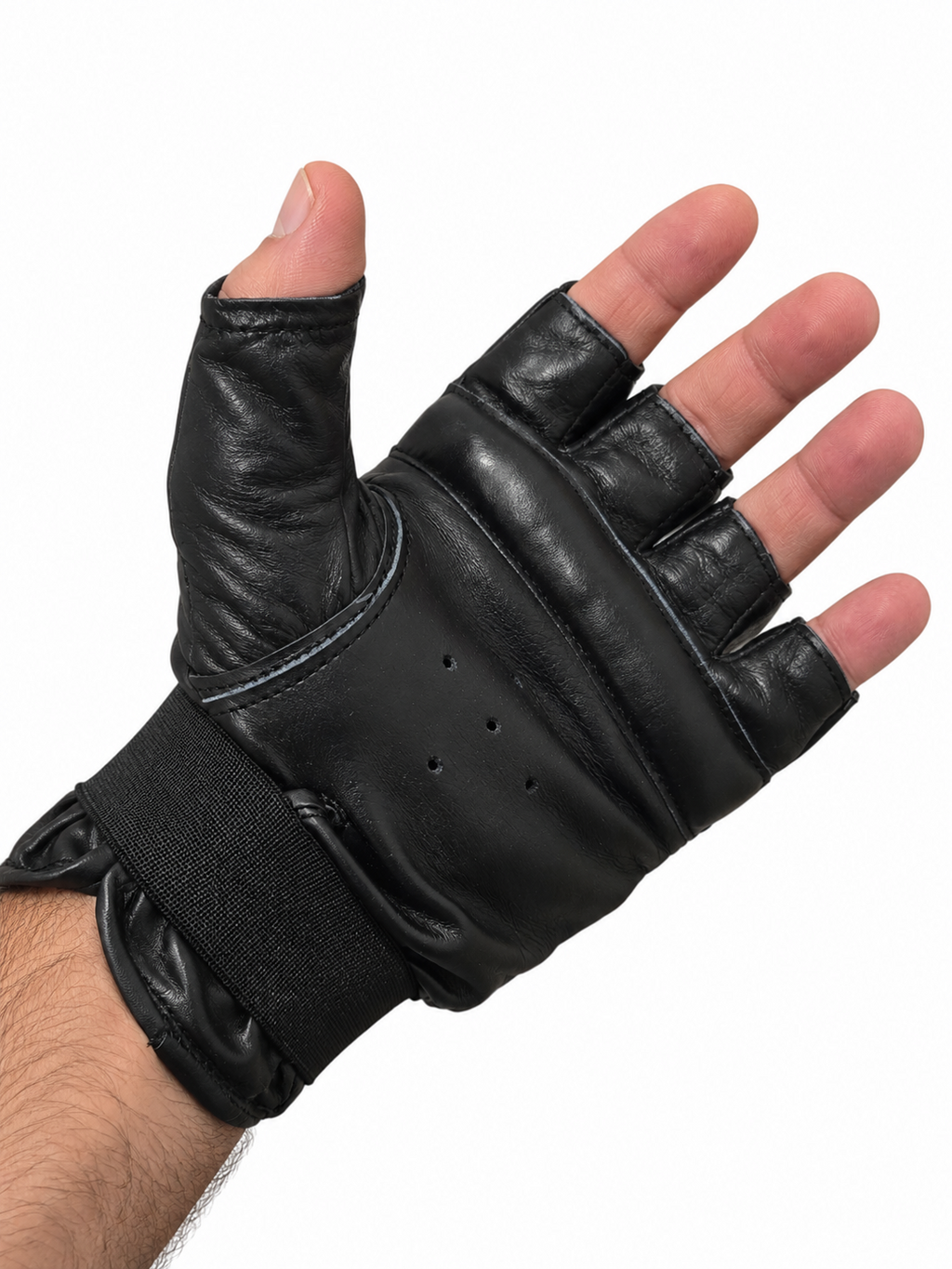 Black Leather Fingerless MMA & Grappling Gloves with Segmented Knuckle Padding - Pair