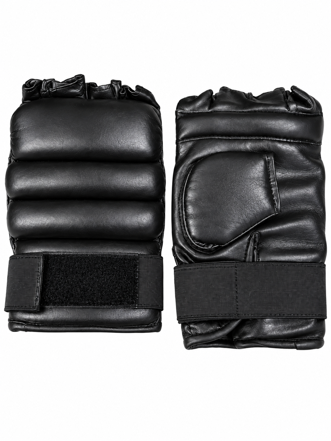 Black Leather Fingerless MMA & Grappling Gloves with Segmented Knuckle Padding - Pair
