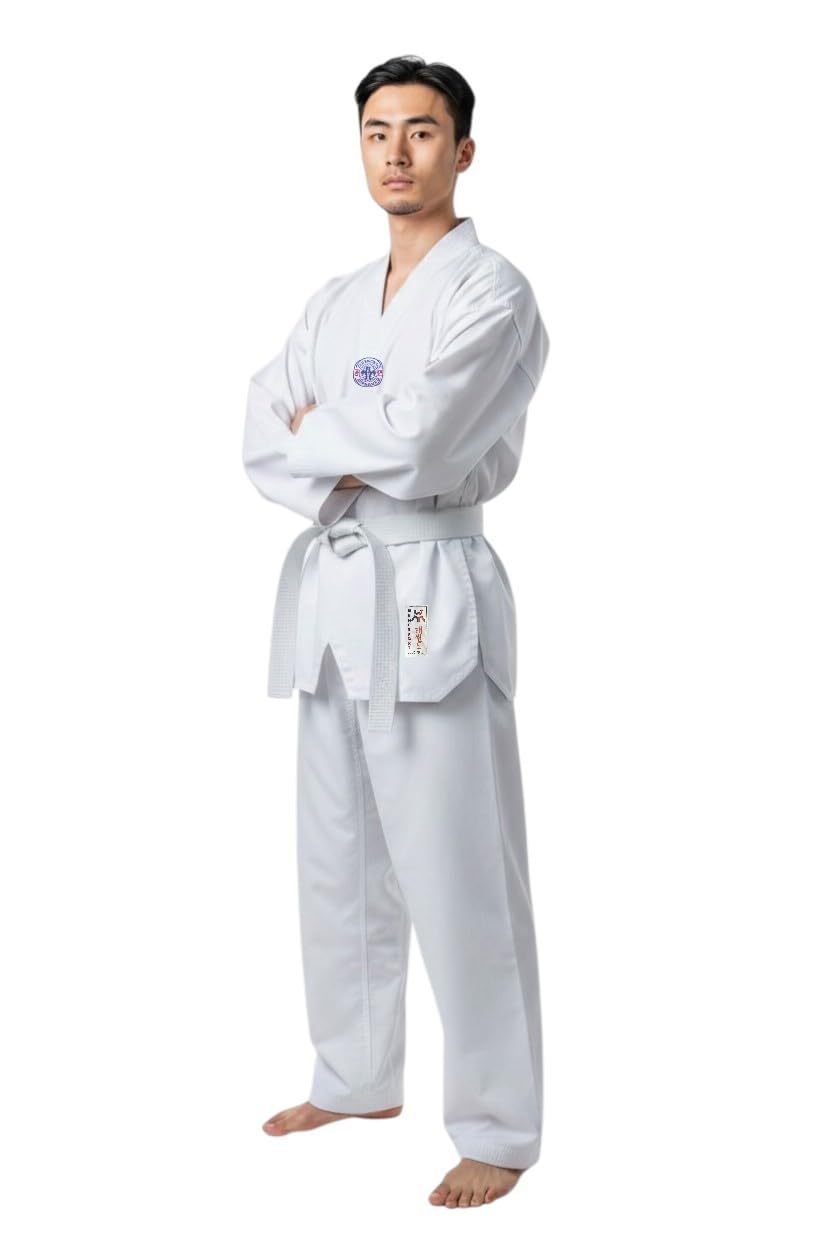 Taekwondo Uniform with Belt – Lightweight Classic Dobok White Collar V-Neck