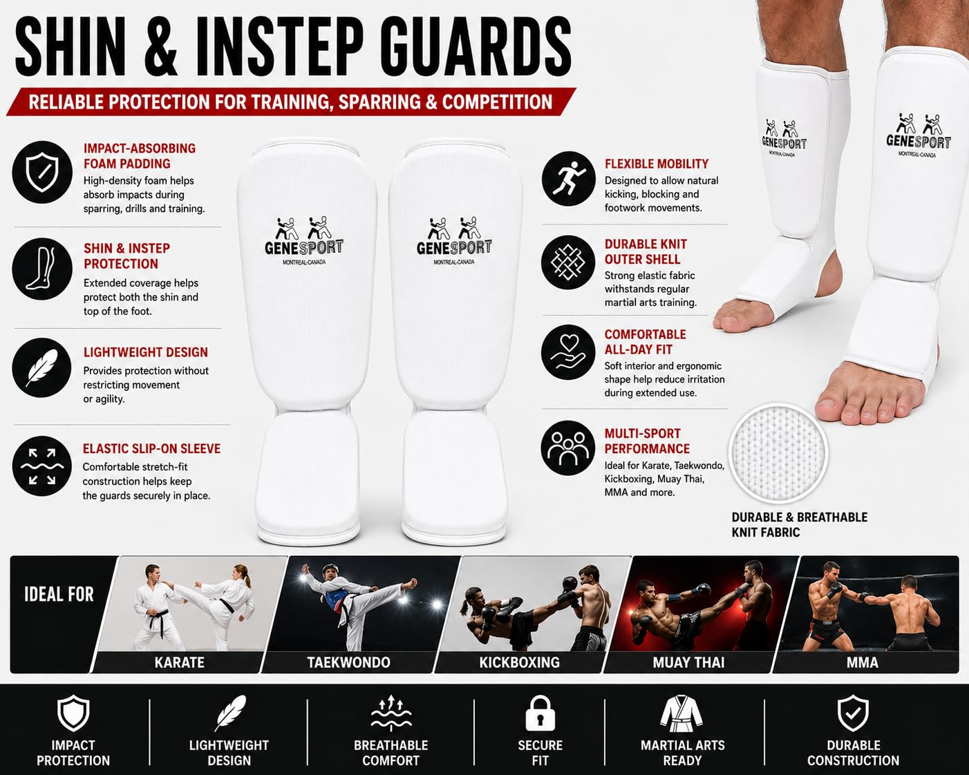 Shin & Instep Guards for Karate, Taekwondo, MMA, Muay Thai & Kickboxing – Elastic Slip-On Tibia Guards with Impact-Absorbing Foam Padding