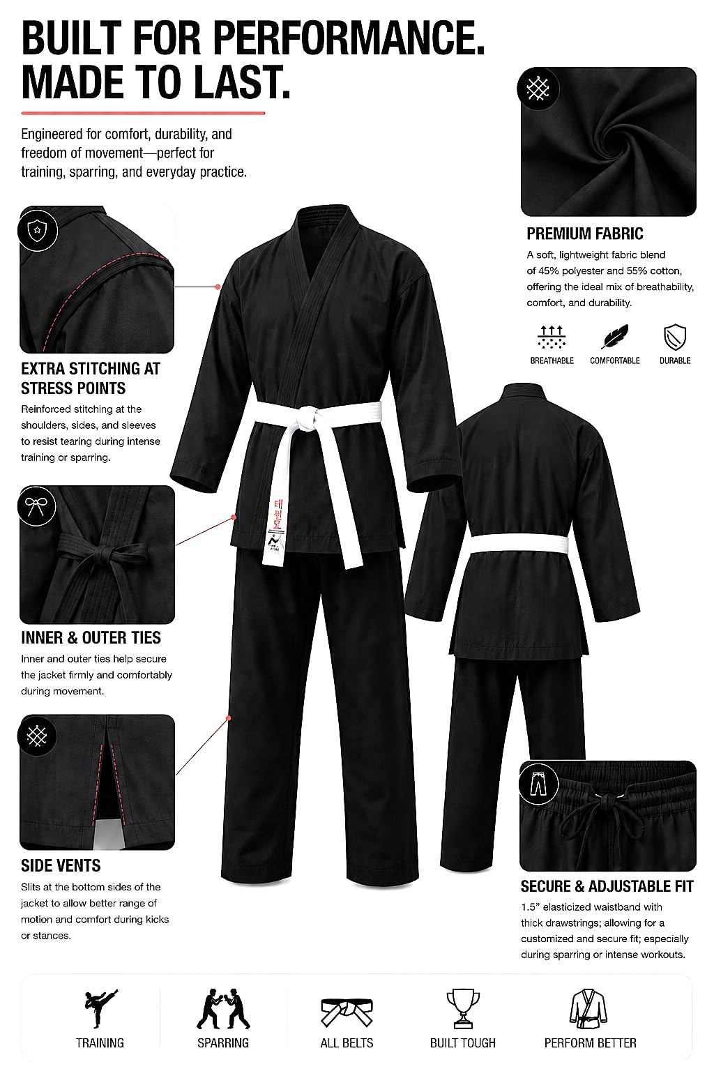 Karate Gi Uniform – Lightweight Training Suit with Belt - Black Top/Pants