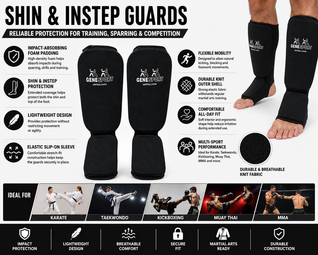 Shin & Instep Guards for Karate, Taekwondo, MMA, Muay Thai & Kickboxing – Elastic Slip-On Tibia Guards with Impact-Absorbing Foam Padding